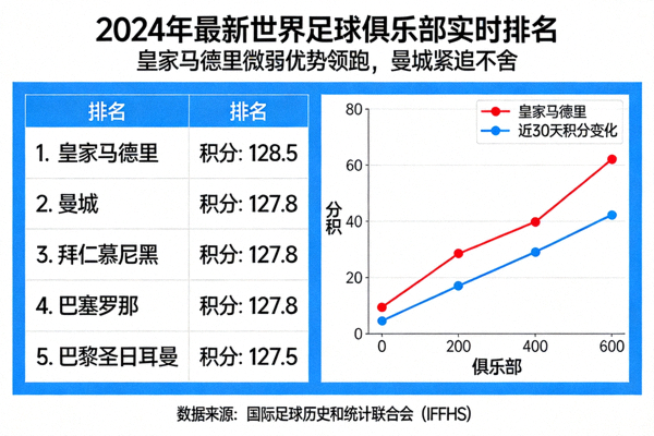 2024年最新世界足球俱乐部实时排名揭晓，皇家马德里以微弱优势领跑，曼城紧追不舍