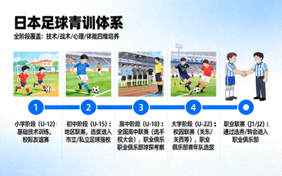 日本足球青训体系图解，展示从小学到职业联赛的完整培养路径